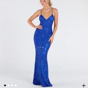 Windsor Blue Sequin Spaghetti-Strap Prom Gown